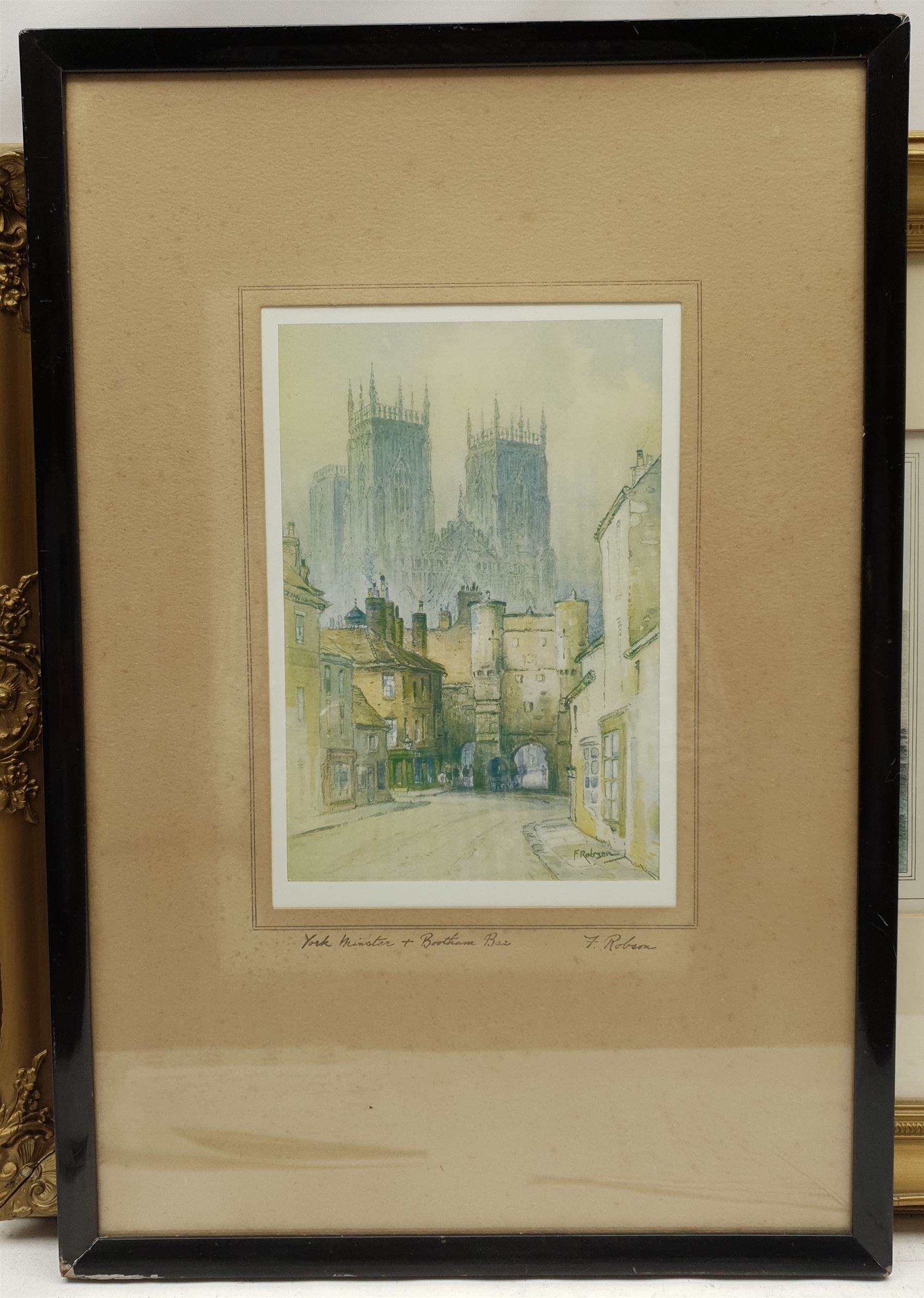 After J Stubbs (British 19th century): 'Scarborough Castle from the Pier' and 'Scarborough from the Bridlington Road', pair 20th century lithographs 20cm x 27cm; After Featherstone Robson: 'York Minster and Bootham Bar', colour print 23cm x 16cm (3)