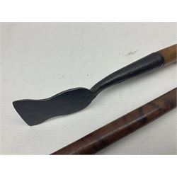 Two late 19th century fruit picker canes, the first example a French ebonised bamboo cane, with pair of fruit scissors to base, the handle stamped Cueille Fruit, the second example with grabbing action, the cap stamped A C Harris, Leicester, together with two other 19th century canes, one with fork and the other with hoe