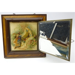  Late 19th century mahogany framed triple folding mirror, table top or wall hanging, with two panels hand painted with courting scenes signed A. Eick? 30cm x 30cm   