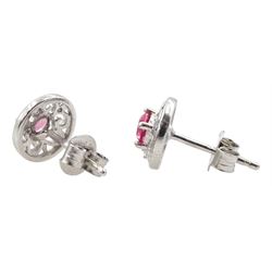 Pair of round silver pink stone and cubic zirconia openwork stud earrings, stamped 925