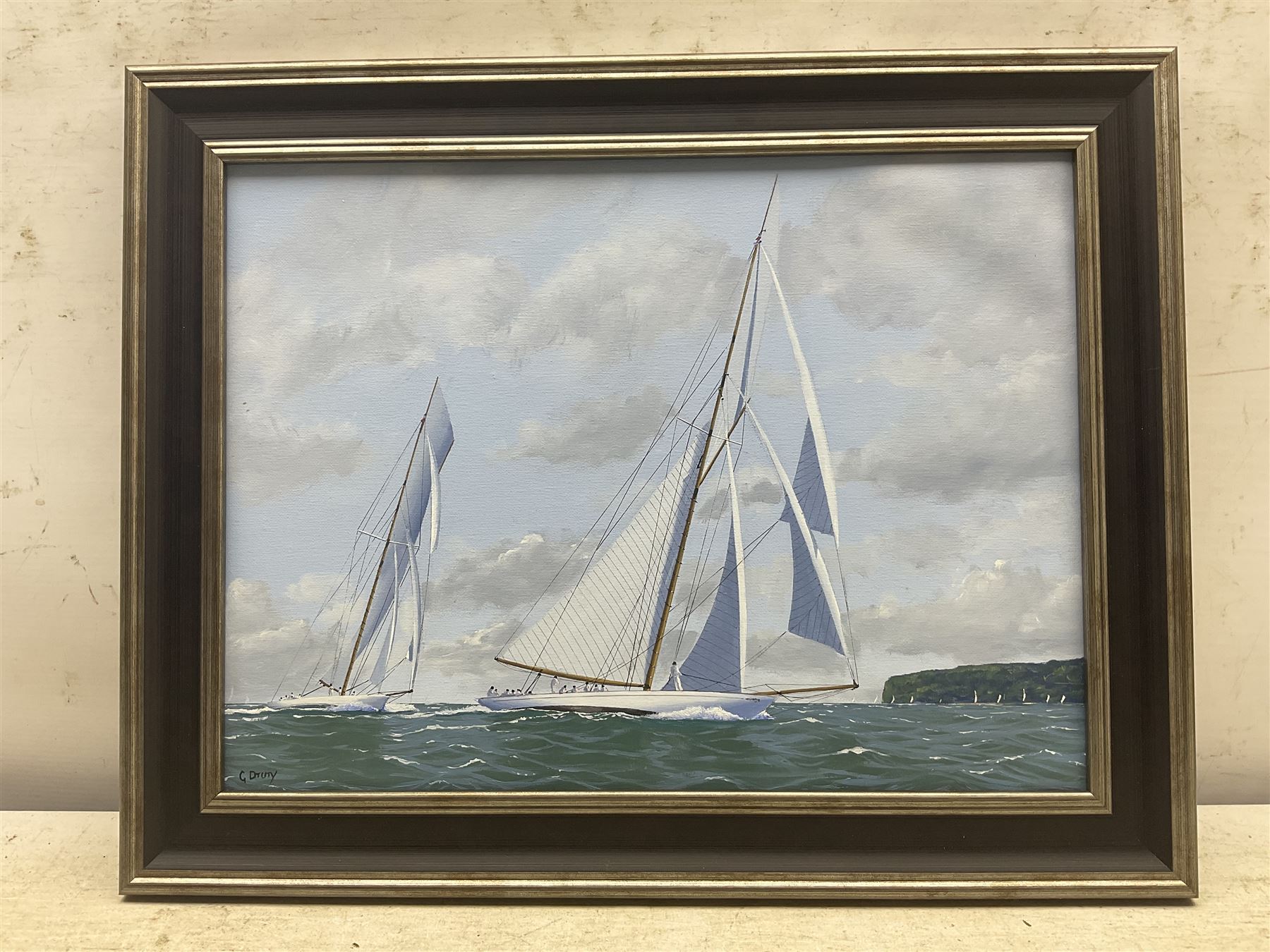 George Drury (British 1950-): 'Lulworth and White Heather II off Cowes 1927', oil on board signed, titled verso 29cm x 38cm 