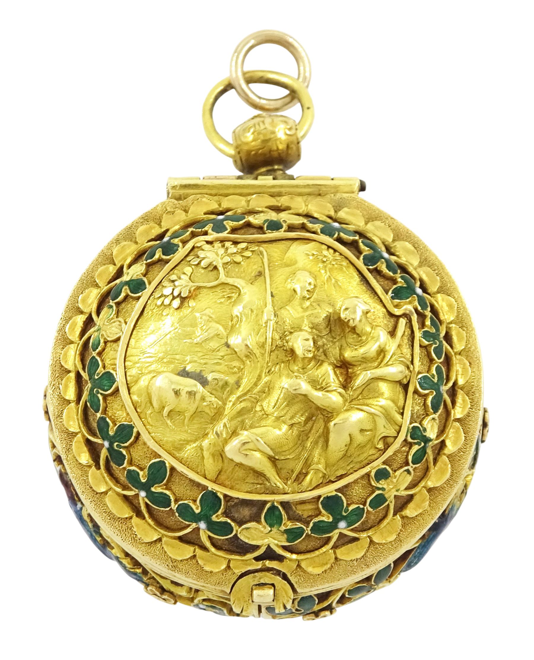18th century 18ct gold fusee lever full hunter repousse pocket watch with later 19th century modifications to the movement, the 18th century case depicting figures in front of a tree with sheep in the background and enamelled leaf surround, the reverse depicting a classical scene with figures and horses, the side with enamelled bird and foliate decoration, 18th century polychrome dial with gilt hour hand, Roman numerals and quarter hour markers.