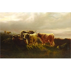  William Perring Hollyer (British 1834-1922): 'Sunshine and Mist' - Highland Cattle in Upland setting, oil on canvas signed, titled and signed verso 50cm x 76cm  