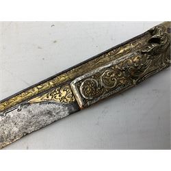 19th century Singhalese knife pia kaetta, the 20cm steel blade inset with yellow and white metal, with metal mounted carved pistol grip, in plain wooden scabbard L33cm overall