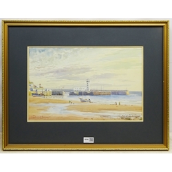 Edward H Simpson (British 1901-1989): 'South Beach and Lighthouse Scarborough', watercolour signed, titled on label verso 28cm x 43cm