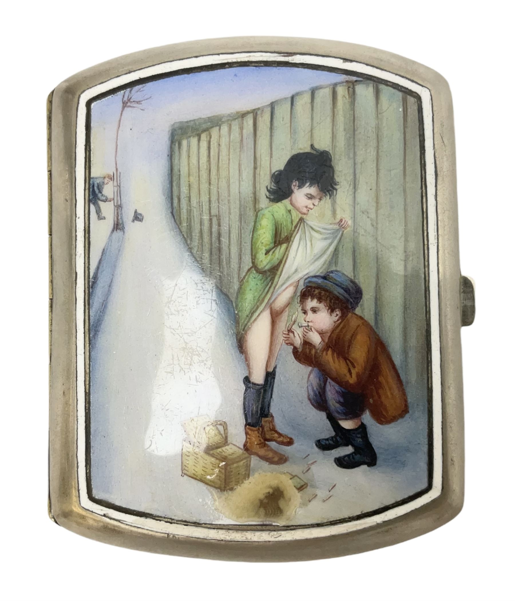 Early 20th century Continental erotic cigarette case, the silver-plate body of curved rectangular form with cover decorated with painted enamel street scene depicting young boy in squatting position lighting a cigarette shielded from the wind by his girlfriend, who is lifting the skirt of her dress up over him, with gilt interior, L9cm