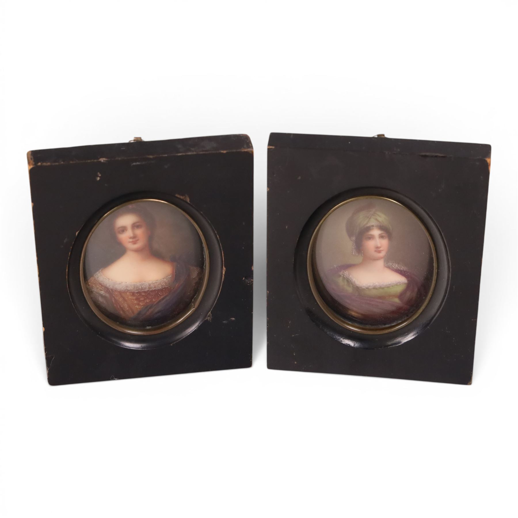 19th century porcelain plaques, believed to be Dresden, depicting 'Henriette de Bourbon Condé' by Bruno Geyer, and another of 'Letizia Bonaparte' indistinctly signed, both inscribed verso, in matching frames 9cm x 7cm (2)