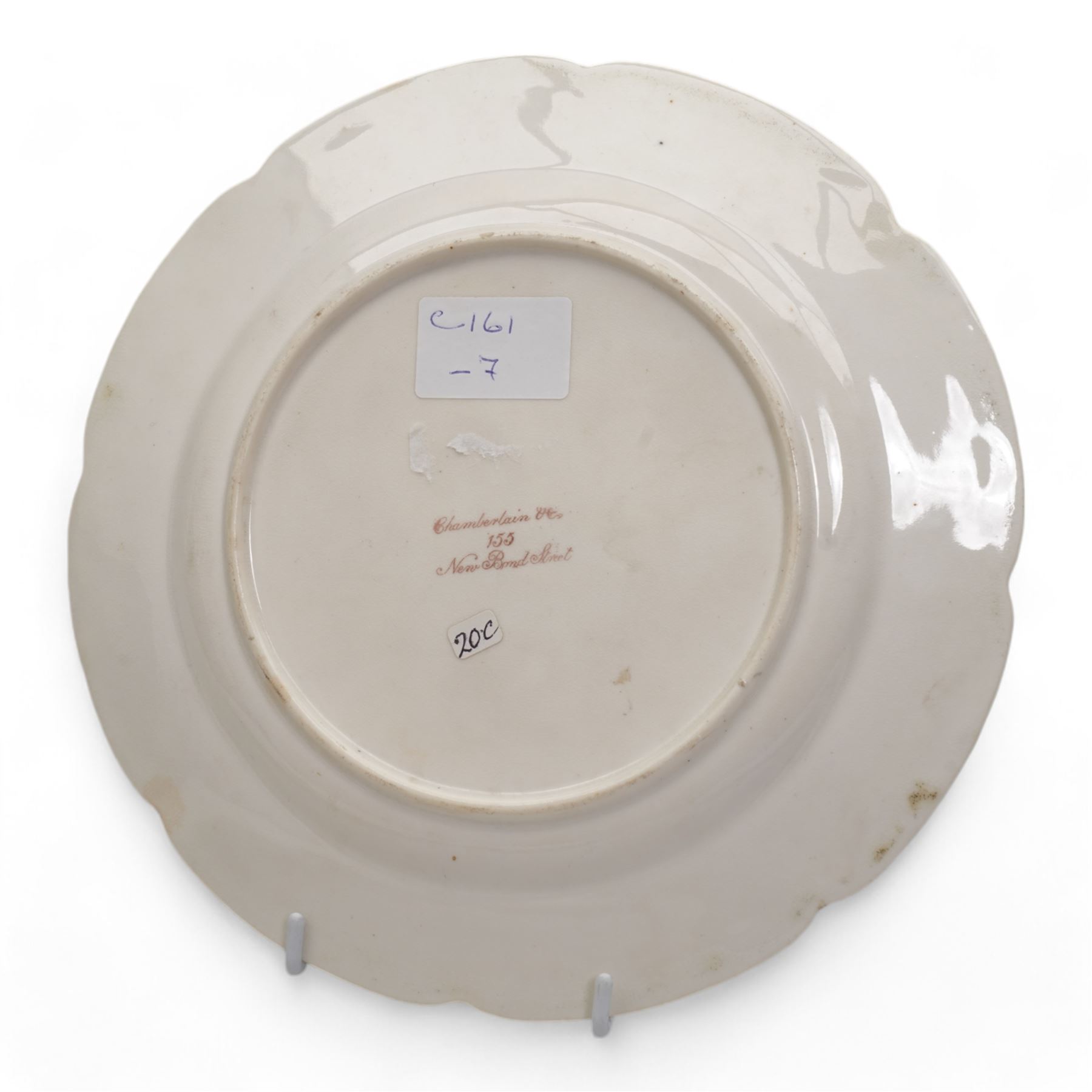 19th century Chamberlain Worcester porcelain dessert plate, centrally painted with fruit and flowers, within a raised gilt and turquoise border, puce printed mark incorporating the 155 New Bond Street address, early 19th century cabinet plate, painted with floral garlands, within a shaped gilt border, D25cm, hand painted grape vine moulded serving dish and other plates (6)