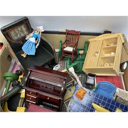 Large quantity of 1970s doll's house furniture, predominantly stained or painted wooden, including lounge, dining room, kitchen and bedroom pieces, bathroom fittings, bureaux and desks, piano, lamps, fire-surrounds etc; various scales