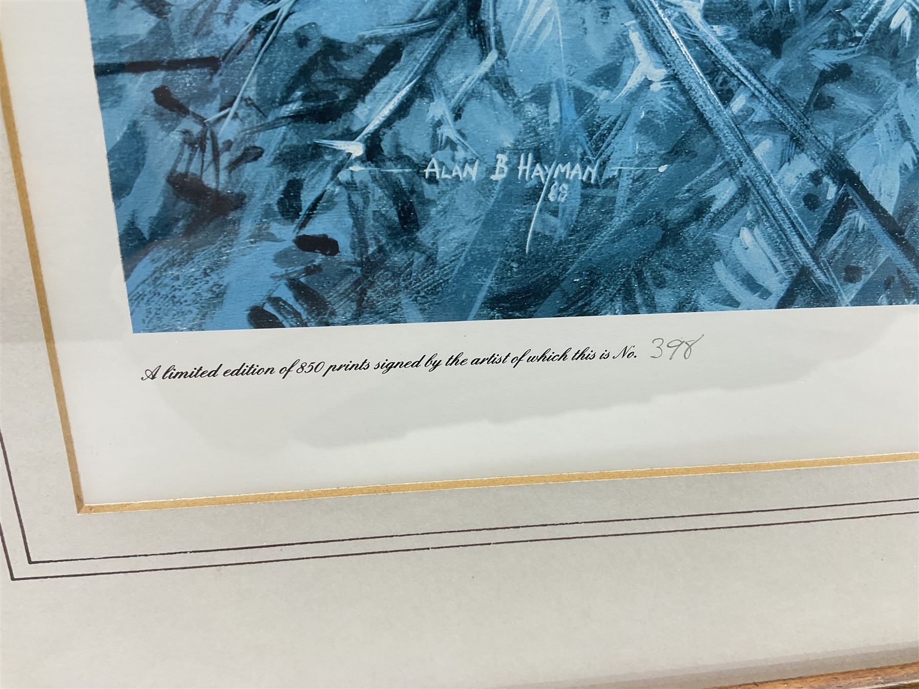 Five limited edition framed coloured prints of shooting interest comprising after C. Stanley Todd game birds taking flight in a mountainous lake landscape no.348/600; after J.C. Harrison game birds in flight over fields no.285/500; after Alan B. Hayman  'A Right and Left?' no.398/850; after Andy Beck 'Pheasant Drive' no.56/350; and after Leo Stans 'Autumn Air'; all signed on the mount; various frames (5)