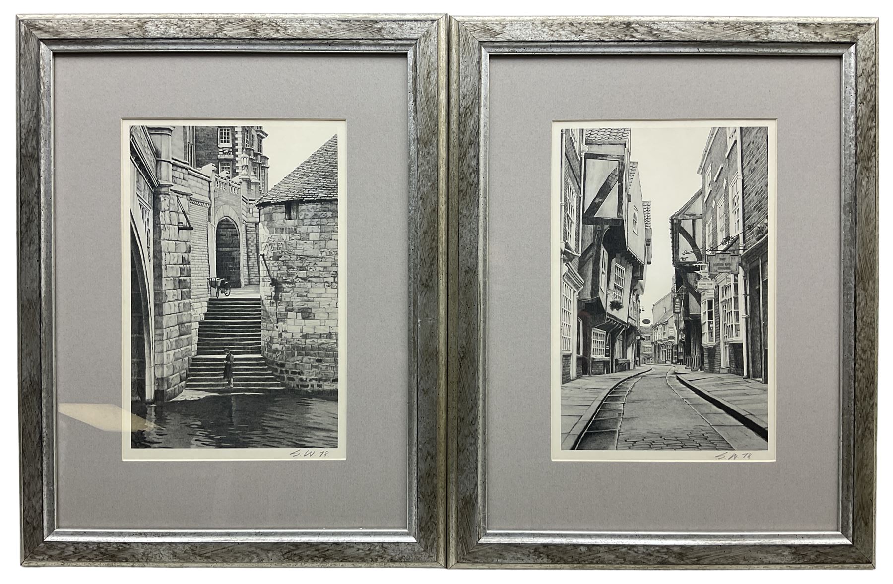 Stuart Walton (Northern British 1933-): Steps Leading from Wellington Row beneath Lendal Bridge to the River Ouse York and the Shambles York, pair limited edition black and white prints signed and dated '78, 28cm x 18cm (2)