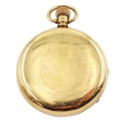 Early 20th century 9ct gold open face keyless lever pocket watch by American Watch Co, Waltham, No. 16807288, white enamel dial with Roman numerals, case by Dennison, Birmingham 1910