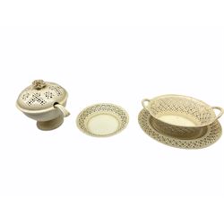 20th century Leeds creamware, comprising chestnut basket and stand, small tureen and cover, ladle, and associated stand, candlestick with stem modelled as a dolphin, teapot, tureen and cover in the form of a melon with fixed stand, and toast rack (toast rack a/f), each with impressed mark beneath. 