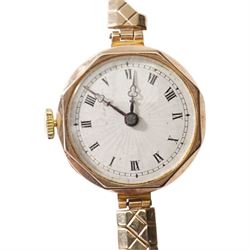 Unicorn 9ct gold manual wind wristwatch, silvered sunburst dial, case by Rolex, Glasgow import mark 1924 and one other 9ct gold manual wind wristwatch, hallmarked, both on gilt straps
