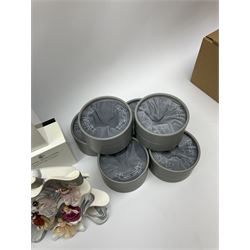 Six Royal Doulton Pretty Ladies figures, comprising Rebecca, Belle, Deborah, Jennifer, Jessica, and Lauren, with display stand, together with ten Royal Daulton Miniature Ladies figures, Ninette, Christine, Rachel, Elizabeth, Margret, Karen, Elaine, Victoria, Jane, and Susan, with display stand, all with boxes. 