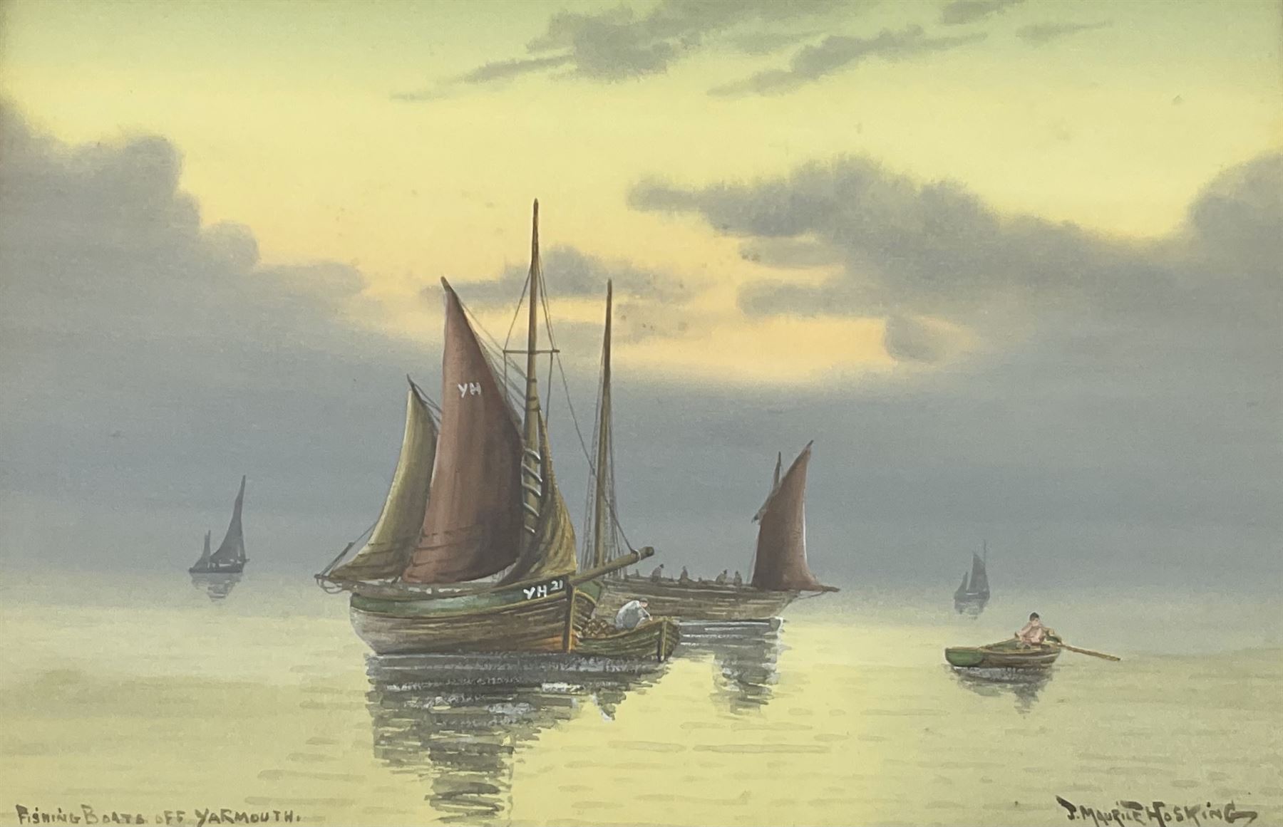 J Maurice Hosking (19th/20th century): 'Fishing Boats off Yarmouth', watercolour titled signed and dated 1910, 23cm x 34cm