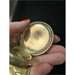 Waltham USA gold plated full hunter pocket watch, the white enamel dial with subsidiary seconds dial, the front cover engraved and embossed with blank cartouche in a floral border, the back cover engraved with stag