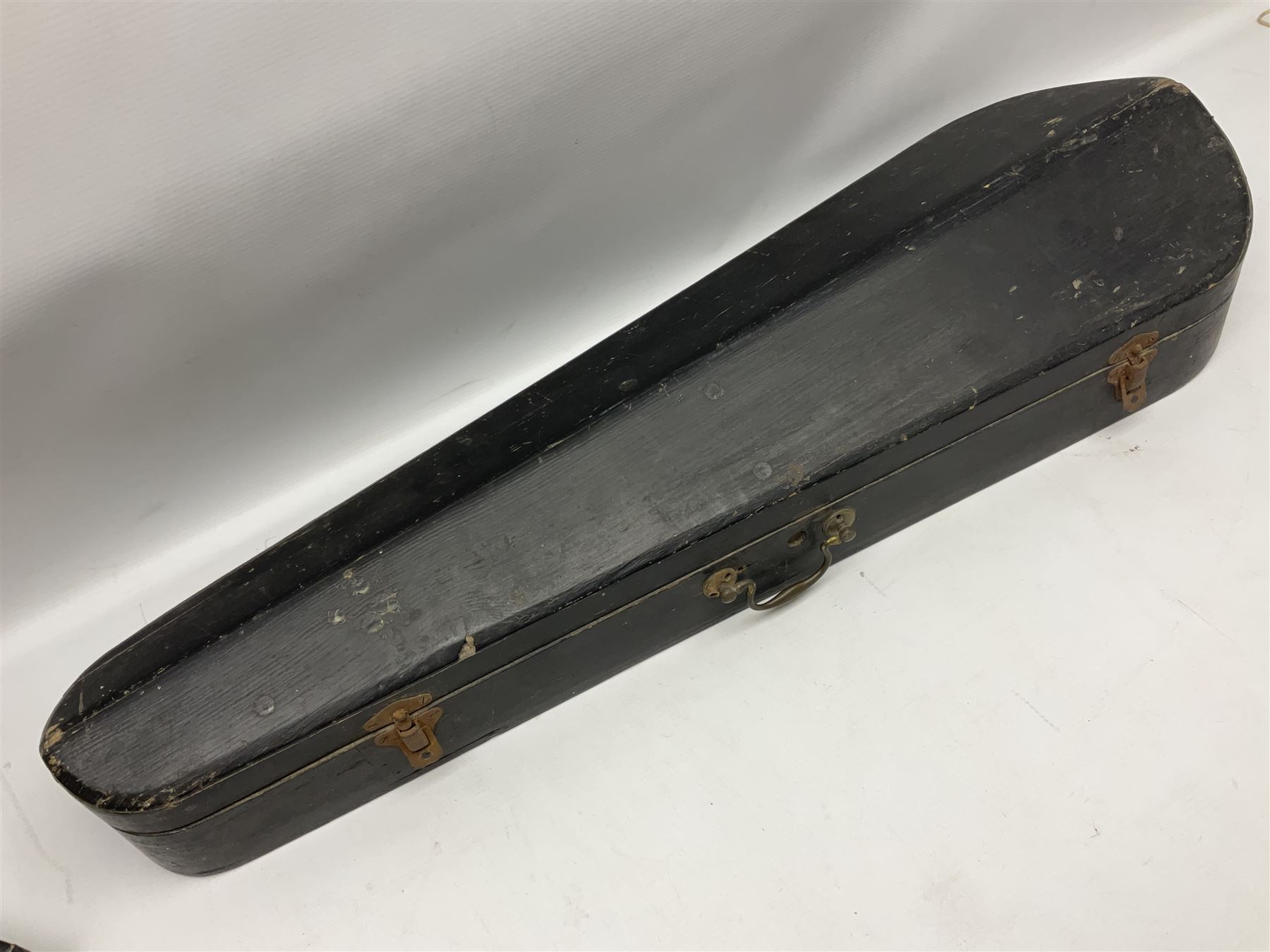 Late 19th century Saxony violin with 36cm one-piece maple back and ribs and spruce top; bears label 'Josef Klotz in Mittenwalde Anno 1795' L60cm overall; in ebonised wooden 'coffin' case