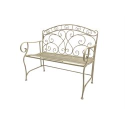 Regency design white finish metal garden bench, strap seat, the arched back pierced with scrollwork decoration, raised on cabriole supports