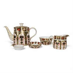 Royal Crown Derby tea set, comprising teapot, milk jug, open sucrier and tea strainer teapot H20cm 