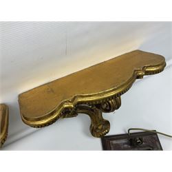 Five various giltwood and other hall brackets, one with marble top; and Viking ship table lamp