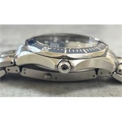Omega Seamaster gentleman's stainless steel automatic chronometer wristwatch, Ref. 168.1623, Cal. 1120, blue wave dial, with luminous dot and baton hour markers with date aperture, unidirectional rotating blue bezel, on Omega stainless steel bracelet, with fold-over clasp, boxed