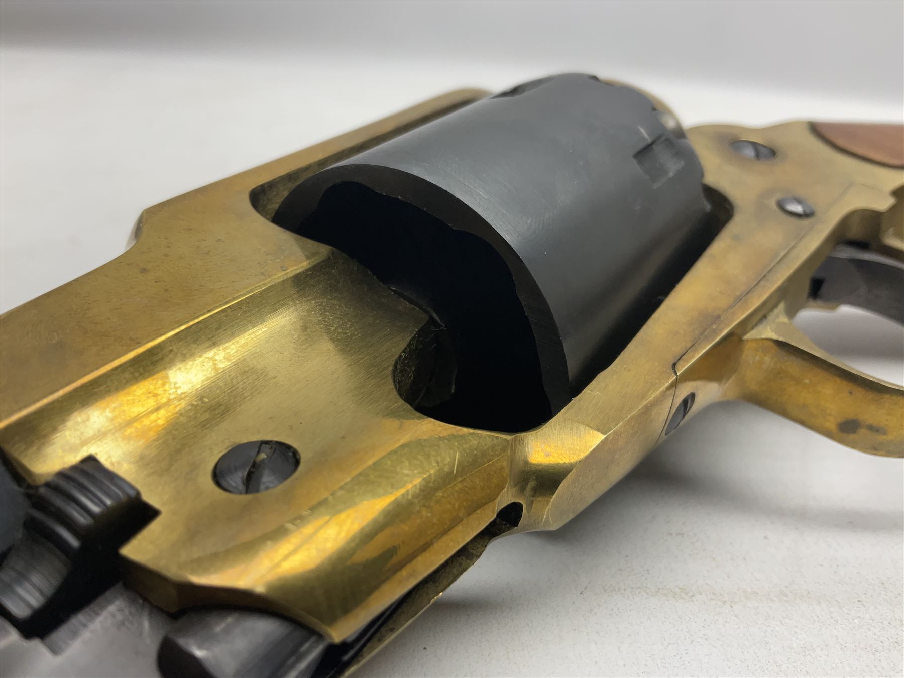 REGISTERED FIREARMS DEALER ONLY Modern Remington .44 calibre percussion brass framed army revolver, possibly by Uberti, with 16cm octagonal barrel, No.225; partially deactivated to old specification with no certificate L36cm overall - Disposed 25.06.25 - Notified 24.07.25