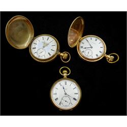 Three American gold-plated pockets including full hunter keyless Traveller pocket watch by Waltham, No. 14690196, full hunter by The New Haven, No. 1180019 and an open face by Elgin, all white enamel dials with Roman numerals
