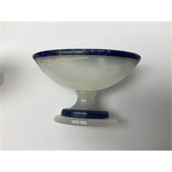 Pair of lapis lazuli and agate open salts, of navette form, upon a stepped oval pedestal foot, H5cm, L8cm