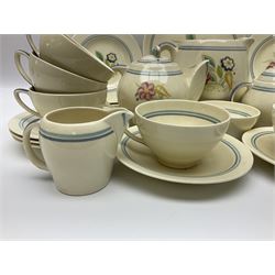 Susie Cooper Nosegay pattern tea service, teapot, eight cups and saucers, six dessert plates, three graduating jugs, covered twin handled sucrier, open sucrier  and cake plate 