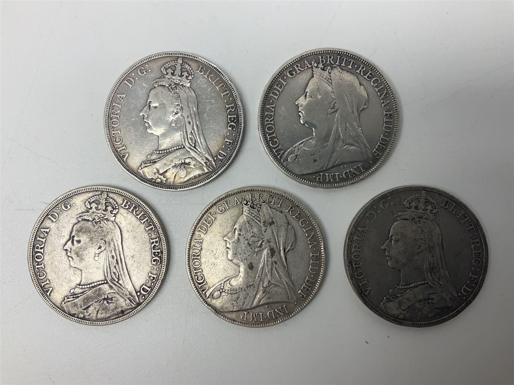Five Queen Victoria crown coins, dated three 1889, 1897 and 1900 (5)