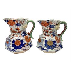 Two Masons Ironstone jugs, each in the Imari palette with serpent handles, with maker's mark beneath, tallest H24cm