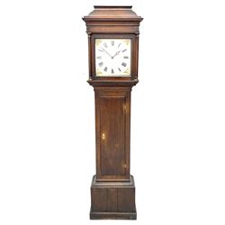 Mid to late 18th century oak longcase clock, sarcophagus top hood with square glazed door with plain column pilasters, rectangular trunk door with moulded edge, painted square Roman dial, 30-hour movement, slip aperture - 30.4cm x 30.4cm