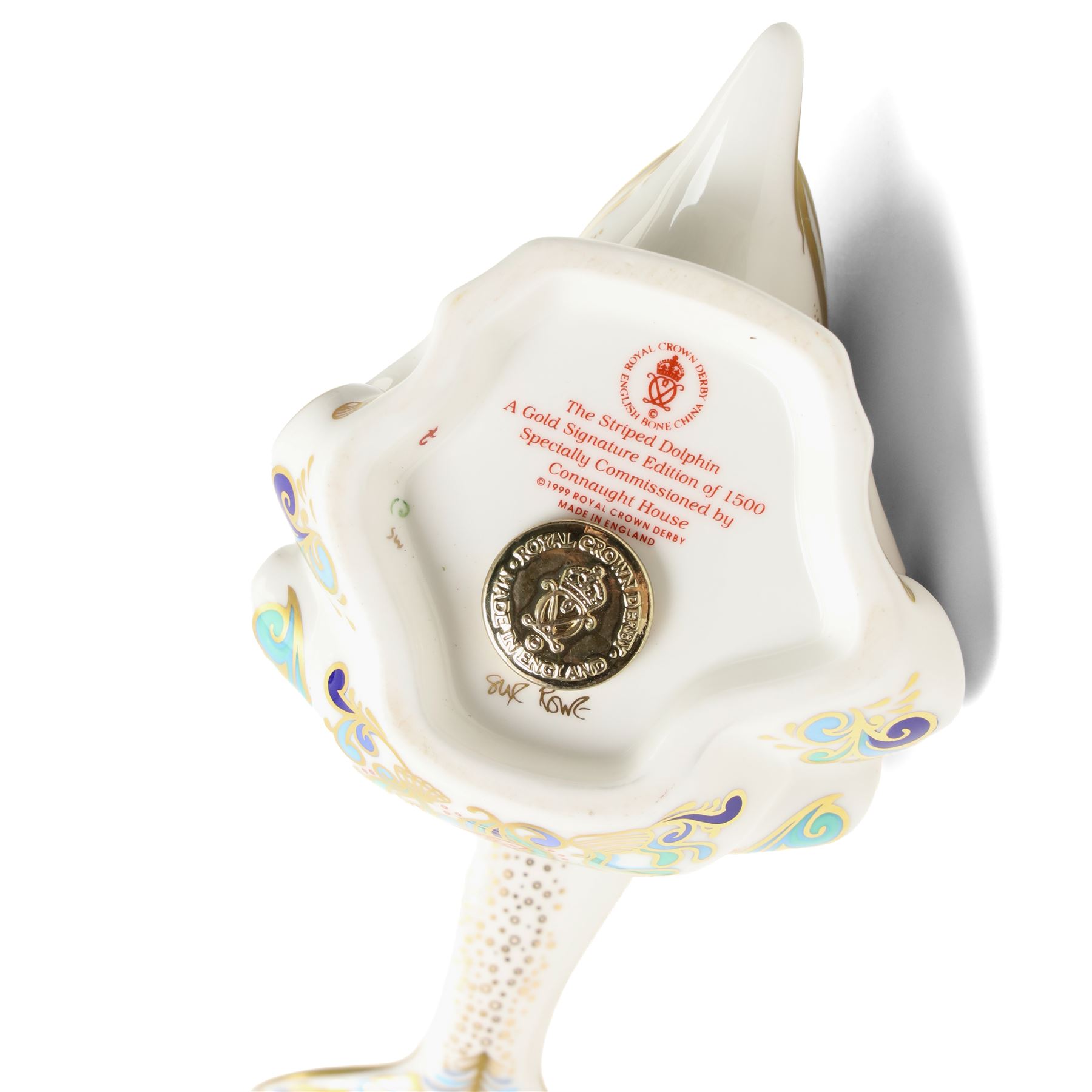 Moorcroft 'Wind of Change' pattern vase H13cm, boxed, Royal Crown Derby 'Striped Dolphin' limited edition paperweight 1166/1500, boxed and with certificate and another Dolphin paperweight, boxed and both with gold stoppers (3)  