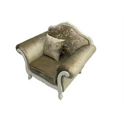 French style white finish armchair, upholstered in grey fabric with scrolling floral pattern, the frame decorated with leaf motifs 