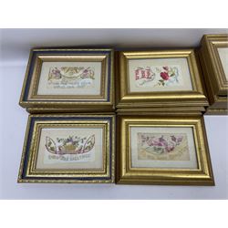 Collection of twenty six, mostly WWI period embroidered silk greetings cards and postcards, including sweetheart, Christmas and forget me not examples, all within modern gilt frames