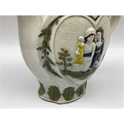 Early 19th century Prattware jug, circa 1800, decorated with two heart shaped panels of children, titled Sportive Innocence and Mischievous Sport, further decorated with acanthus and foliate borders, H22cm