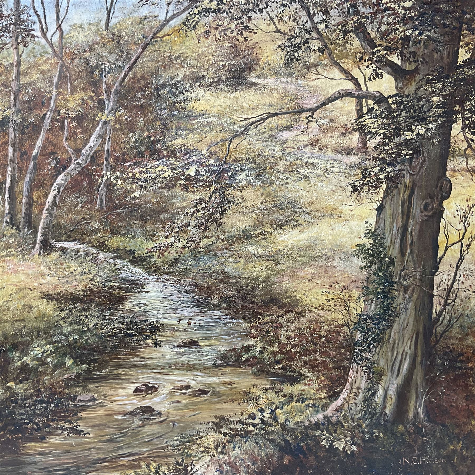 N C Hanson (British 20th century): Pair of oil on board North Yorkshire Moors landscapes signed, largest 66cm x 56cm (2)