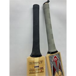Two signed Yorkshire County cricket bats, from 2007 and 2008 seasons, bearing signatures including Darren Gough, Jason Gillespie, Younus Khan, Michael Vaughn and Tim Bresnan, etc