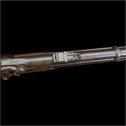 19th century Enfield percussion rifle, the 99cm barrel with three barrel bands, fore sight and rear sight, ramrod under, full walnut stock with brass butt, carrying sling brackets, action marked '1855 Tower' with Victoria cypher, overall L138cm