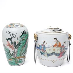 Chinese 18th/19th century Ming dynasty ceremonial teapot carrier, each side painted with scenes of ladies attending a tea ceremony, the internal teapot also painted with ladies in traditional dress, H13cm; together with a Chinese famille verte vase, painted with a traditional landscape, archaic mark to base, H14.5cm 