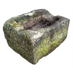 18th/19th century weathered sandstone shallow trough planter, rectangular form with hewn sides

Location: Duggleby Storage, Scarborough Business Park YO11 3TX