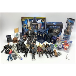 Dr. Who - Character Options Cold War Time Zone Playset (lacking character) and Eleventh Doctor's Sonic Screwdriver, both boxed; Hologram Chamber, boxed; twenty various character figures; four Tardis police  boxes etc