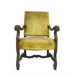 Early 20th century Carolean design mahogany framed throne chair, back and sprung seat upholstered in sage green fabric, scrolled amd reeded arms with carved oak leaf design, shaped supports with scroll feet united by waived stretchers
