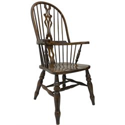 Stained beech Windsor armchair, double hoop and stick back with shaped and pieced splat back, on turned supports united by double swell-turned H stretchers