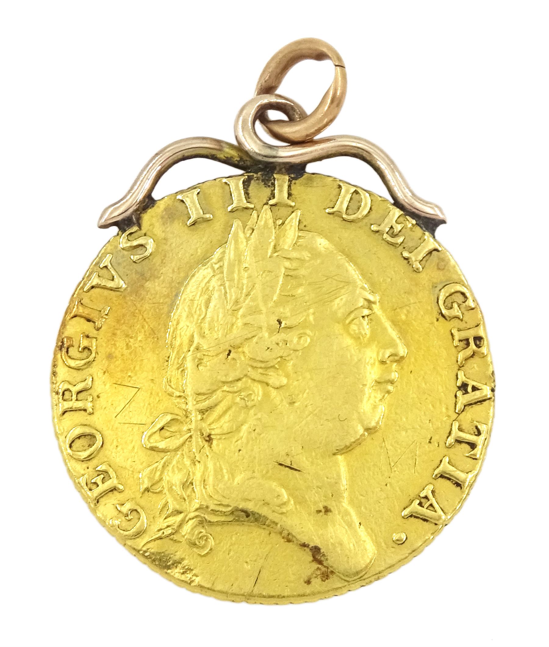George III 1787 gold spade guinea coin, with soldered 9ct gold mount