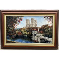 Dallas K Taylor (British 1941-2011): Durham Cathedral from the River, oil on canvas board signed 44cm x 75cm 