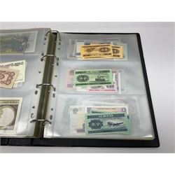 World and Great British banknotes to include Brazil, Canada, France, Germany, Ghana, Indonesia, Iraq, Hong Kong, Hungary, Japan, Vietnam, Zimbabwe, a collection of Chinese ‘Hell Money’, and quantity of ‘De La Rue Systems’ test notes, housed in ring binder and loose