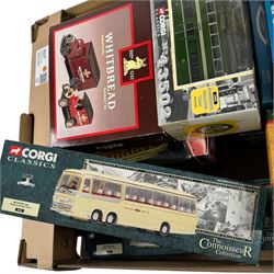 Collection of Corgi buses, trams and coaches, including Blackpool Balloon Tram no. 43502, Van Hool T9 Caelloi Motors no. AN45904 and The Connoisseur Collection Bedford Val Wallace Arnold Tours no. 35305, etc, all boxed