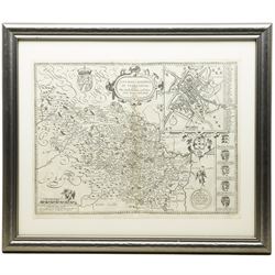 John Speed (British 1552–1629): ‘The North and East Ridings of Yorkshire’ and ‘The West Ridinge of Yorkshyre’, pair of early 17th century engraved maps, first edition, first strike, both in original uncoloured condition, with numerous armorials, decorative cartouches and embellishments, the North & East Riding map with inset plans of Richmond and Hull, and the West Riding map with an inset plan of Yorke, pub. 1611 & 1616 with the rare Latin text verso 40cm x 53cm (2)